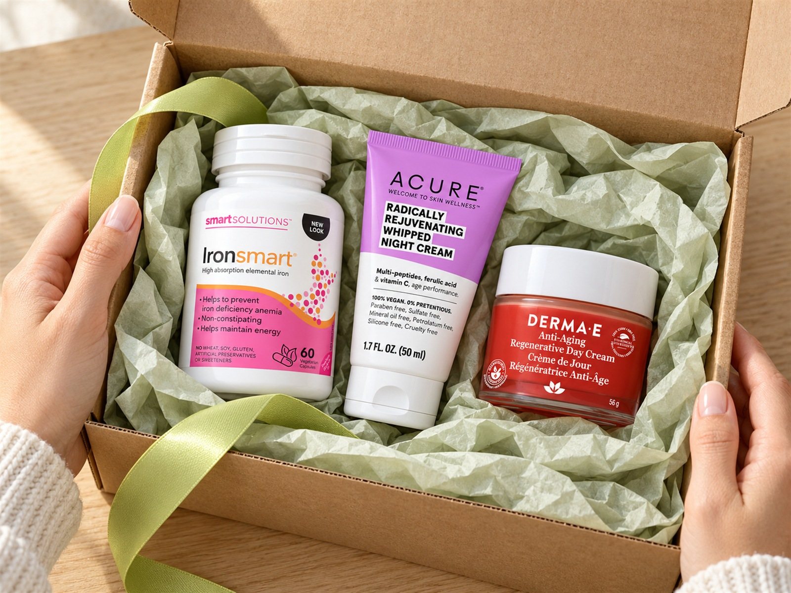 Hands opening a Viktoria Deals order with supplements and skincare inside
